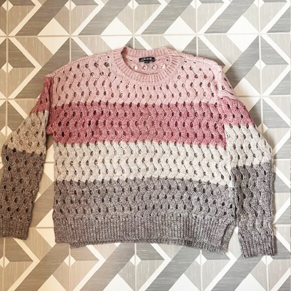 Charlie B Collection Open Weave Cropped Striped Sweater, Pink and Gray, Size L - Picture 2 of 6
